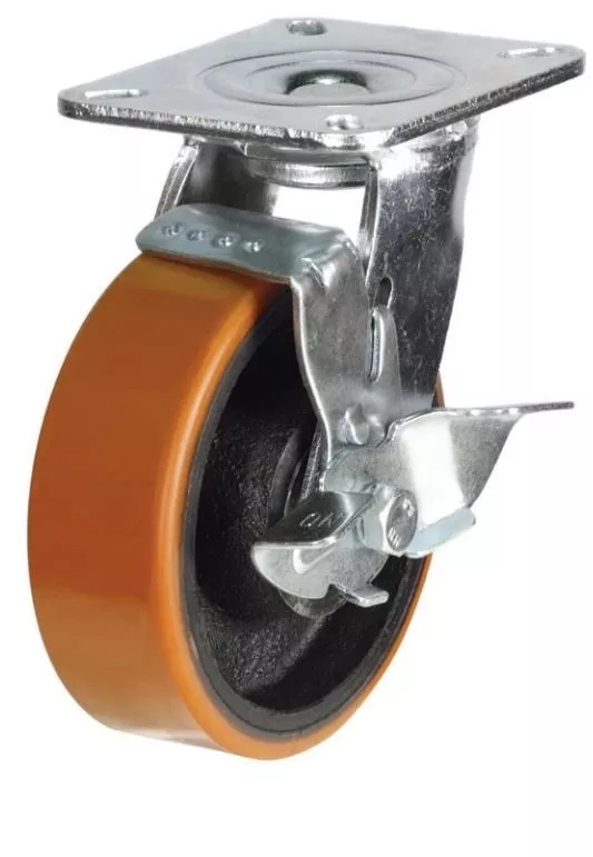 Swivel polyurethane castor wheel with brake mechanism for secure and controlled industrial use.